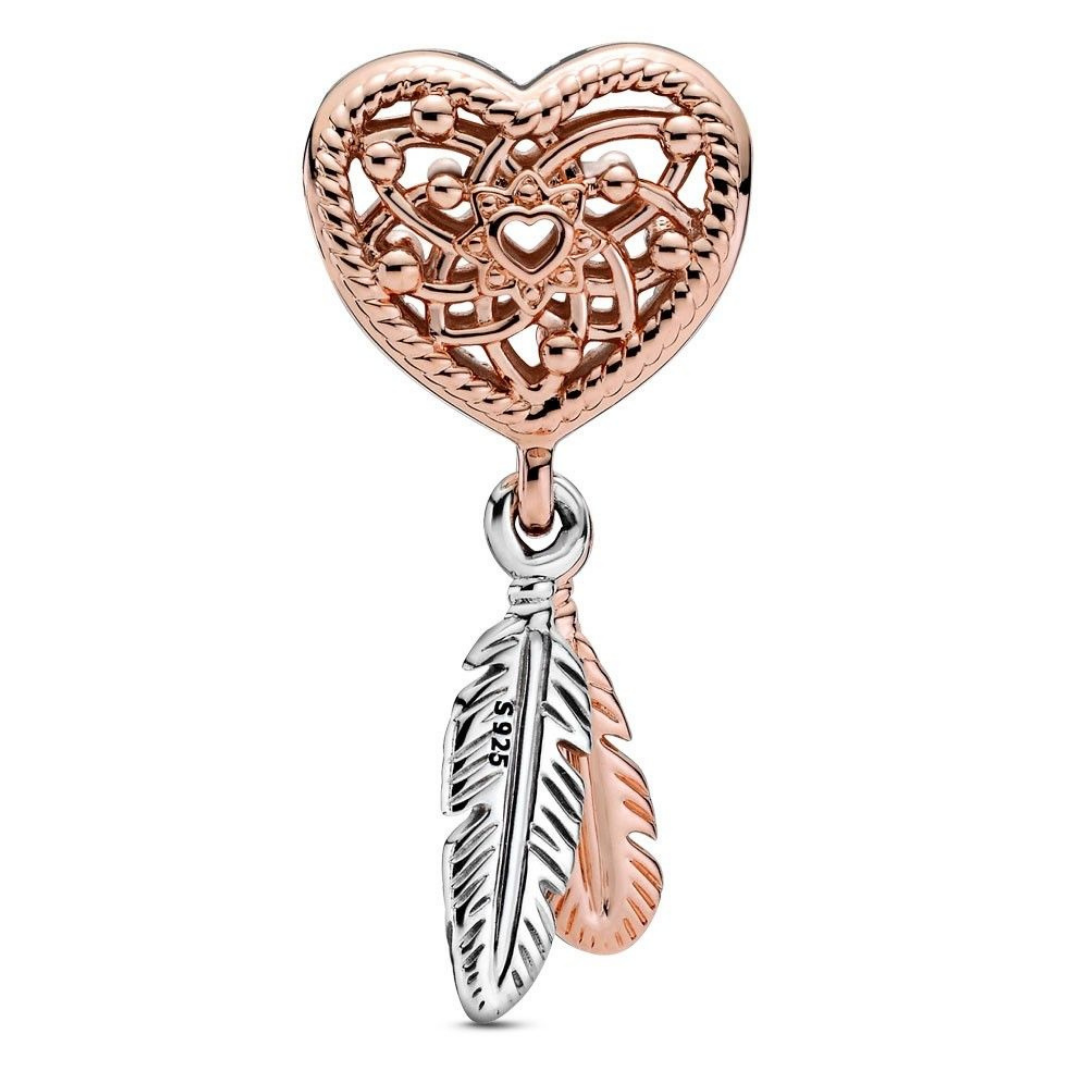Pandora Openwork Heart and Feathers Silver and Rose Gold Plated Charm
