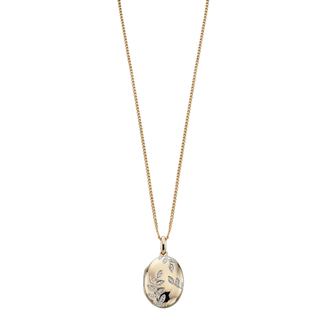 Elements gold locket with diamond leaf detail