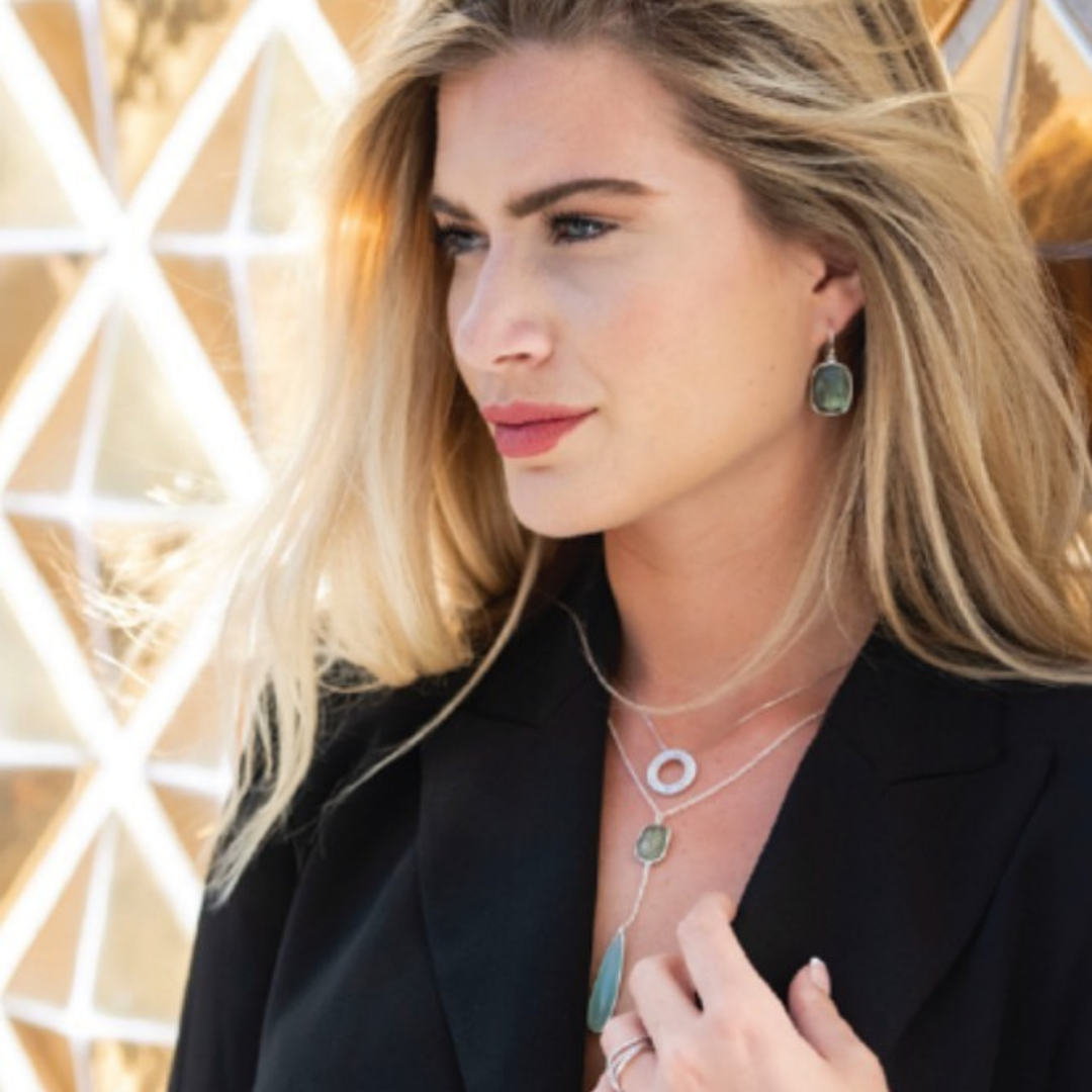 Sarah Alexander model wearing office jewellery look