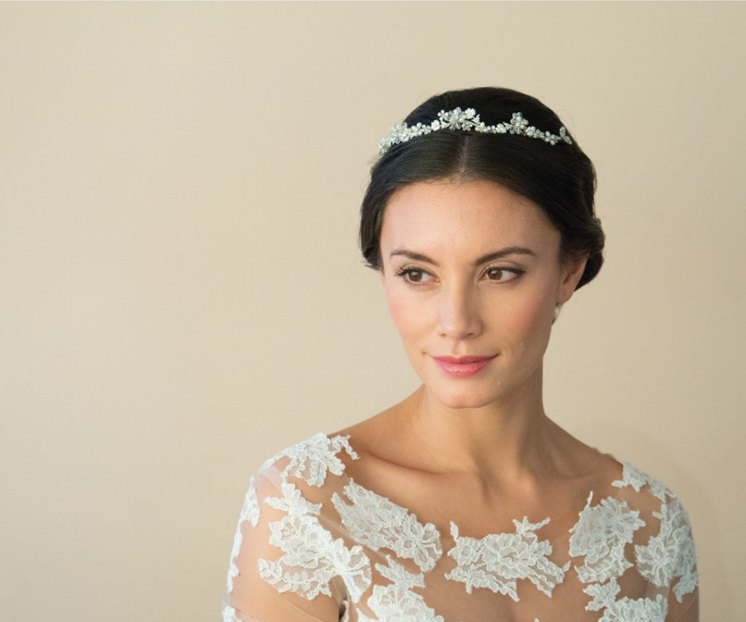 Model wearing a pearl tiara called Nikita by Ivory & Co