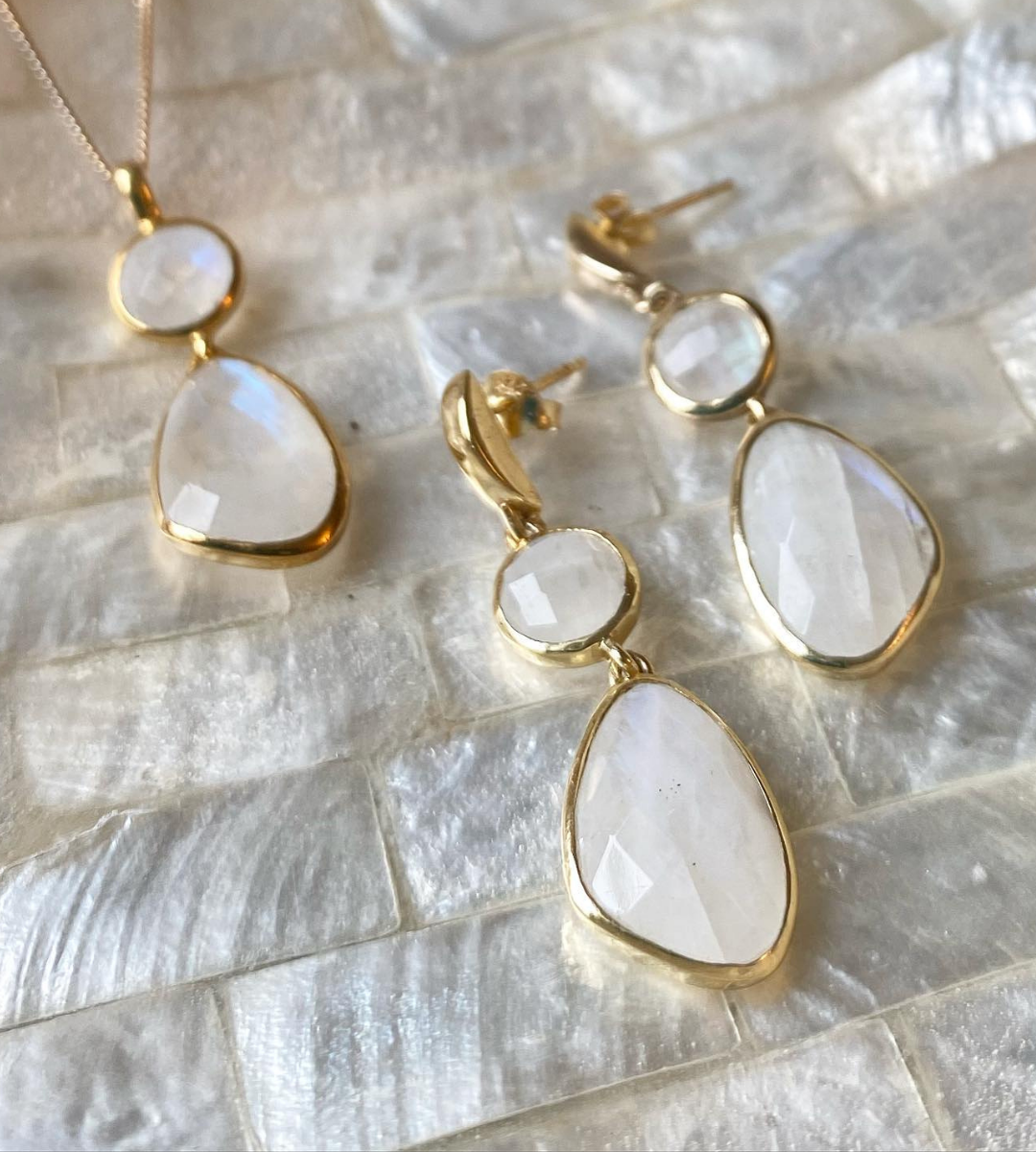 Photo of moonstone earrings and necklace by Sarah Alexander
