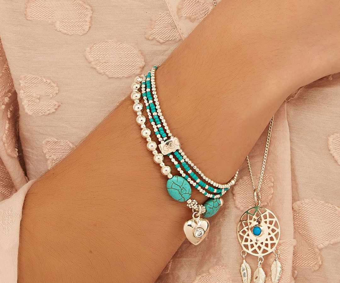 Model wearing Annie Haak turquoise and silver bracelets