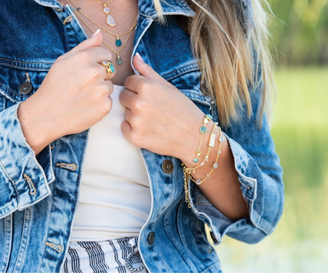 Model wearing Sarah Alexander gemstone bracelets
