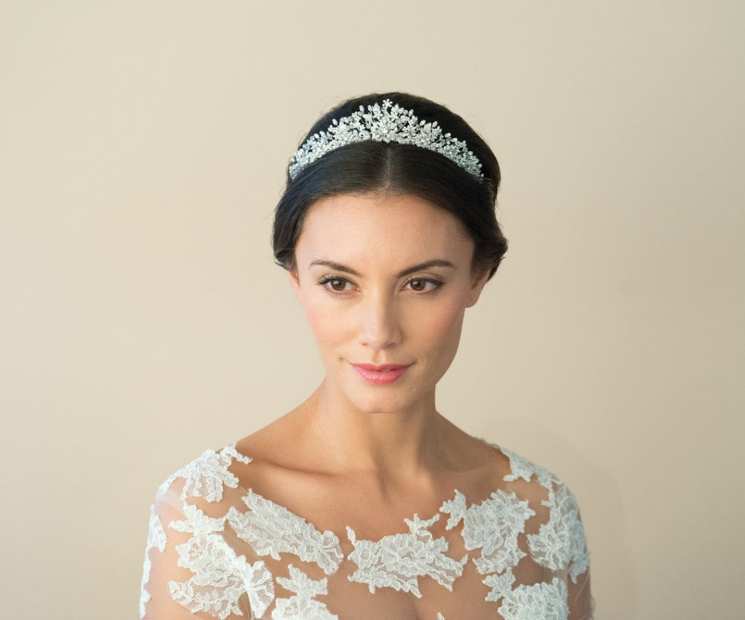 Model wearing Ivory & co pheodora wedding tiara