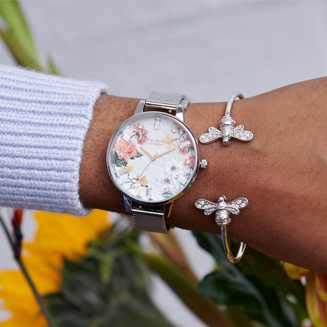 Model wearing Olivia burton sparkle floral watch
