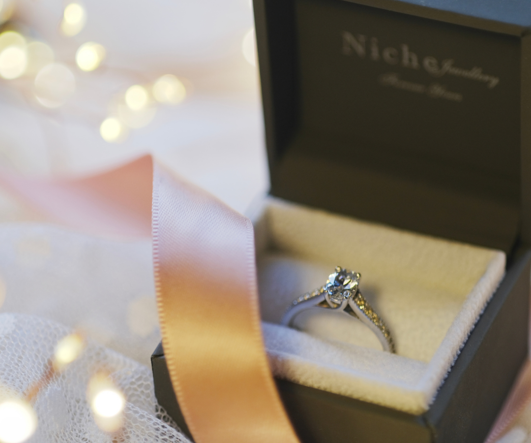 Photo of engagement ring in open box to illustrate blog on Christmas proposals