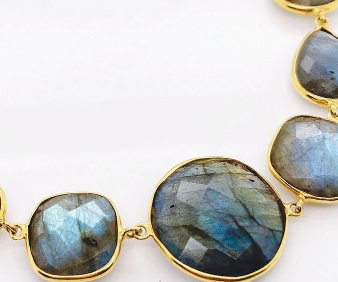 Close up photograph of labradorite stones in Sarah Alexander babylon bracelet