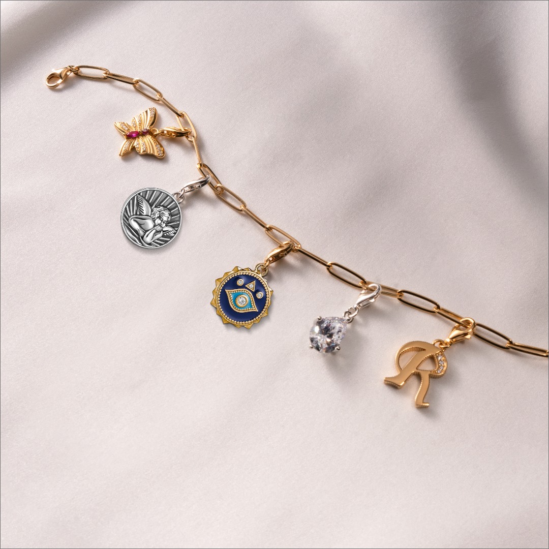 Photograph of a Thomas Sabo letter charms on a charm bracelet with other charms