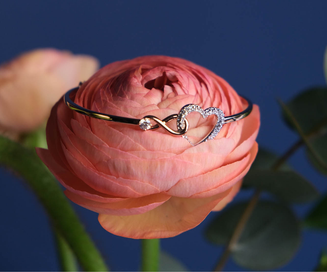 Photograph of a Swarovski bracelet on top of a pink flower. The photograph is to accompany a blog about heartfelt valentine's gifts