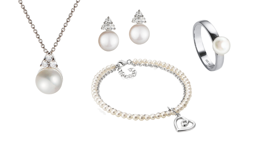 Photograph of a selection of pearl jewellery by jewellery maker Jersey Pearl. It is illustrating a blog about the latest jewellery trends from AW22 catwalks