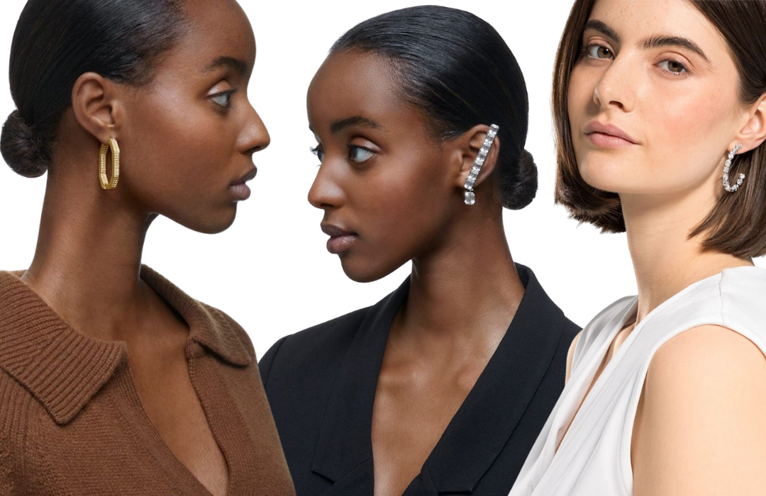 Photograph of three women, all wearing different earrings by jewellery designer Swarovski
