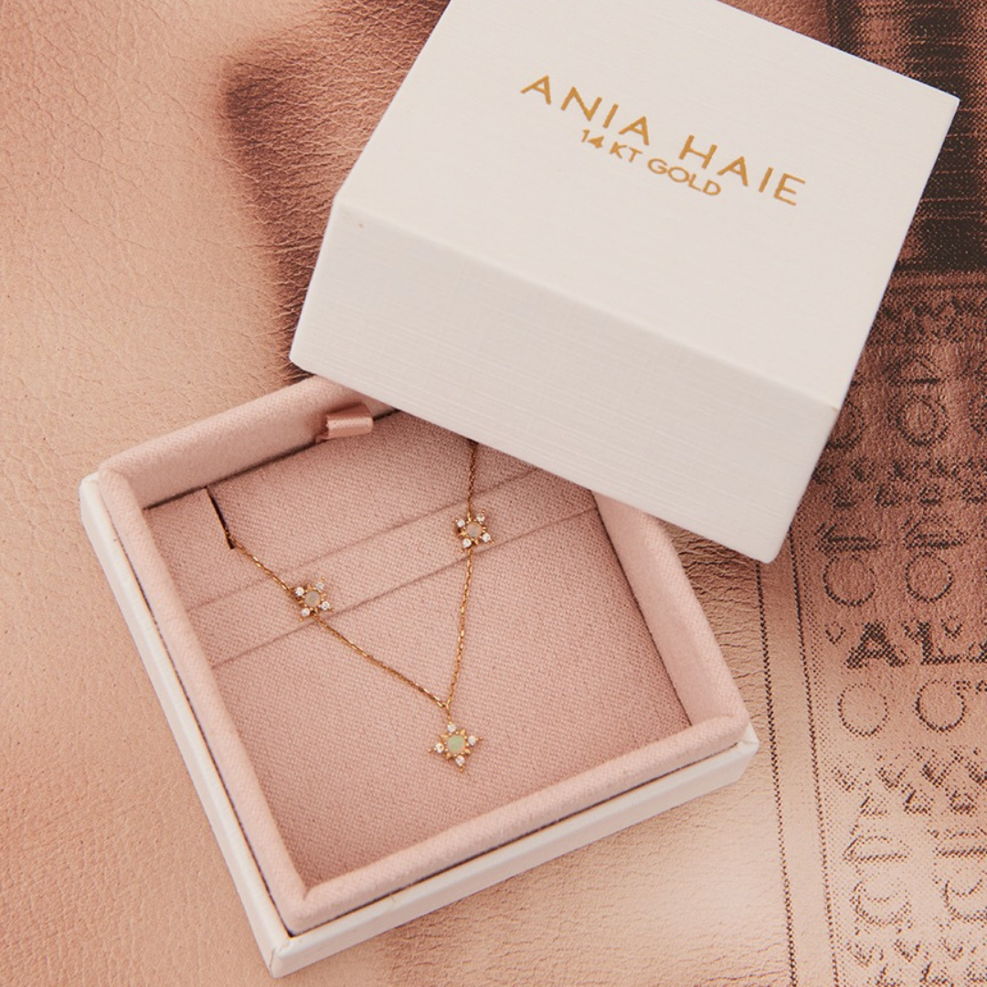 Photograph of an Ania Haie necklace in a jewellery gift box