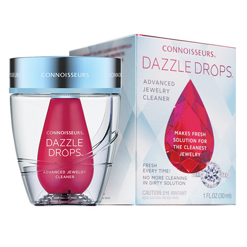 Image of jewellery cleaning product and box, called Dazzle Drops advanced cleaning