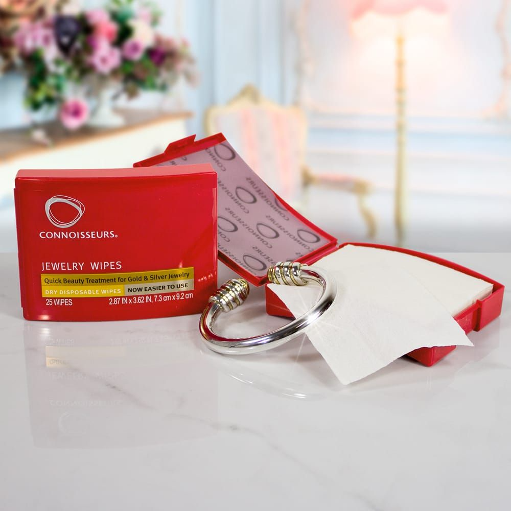 A photograph of a packet of Connoiseurs beauty jewellery cleaning wipes