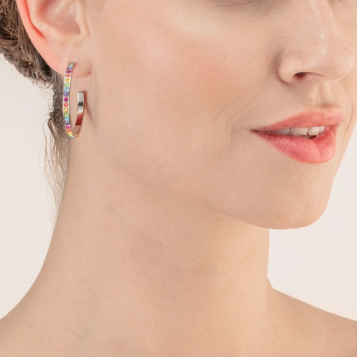 Coeur De Lion Stainless Steel Silver Hoop Earrings Large - Multicolour Crystal