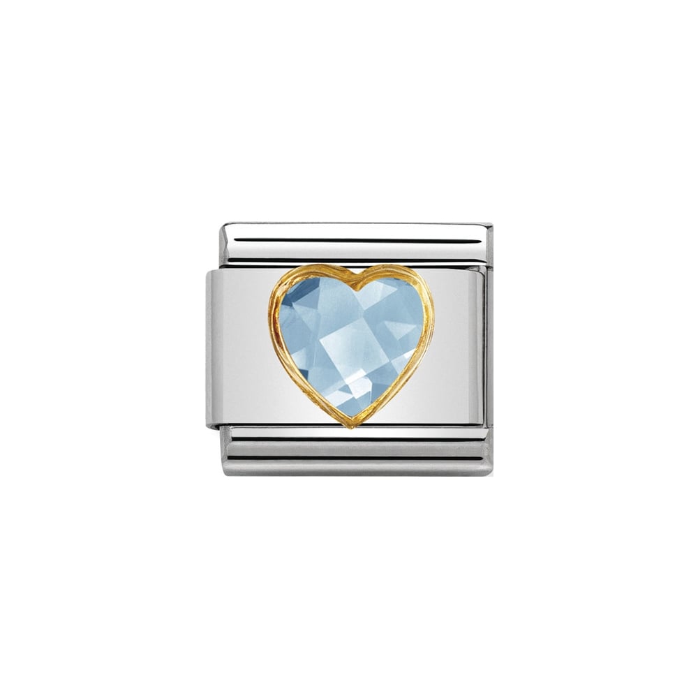 Nomination Classic Heart Faceted Zirconia - Light Blue with Gold Border