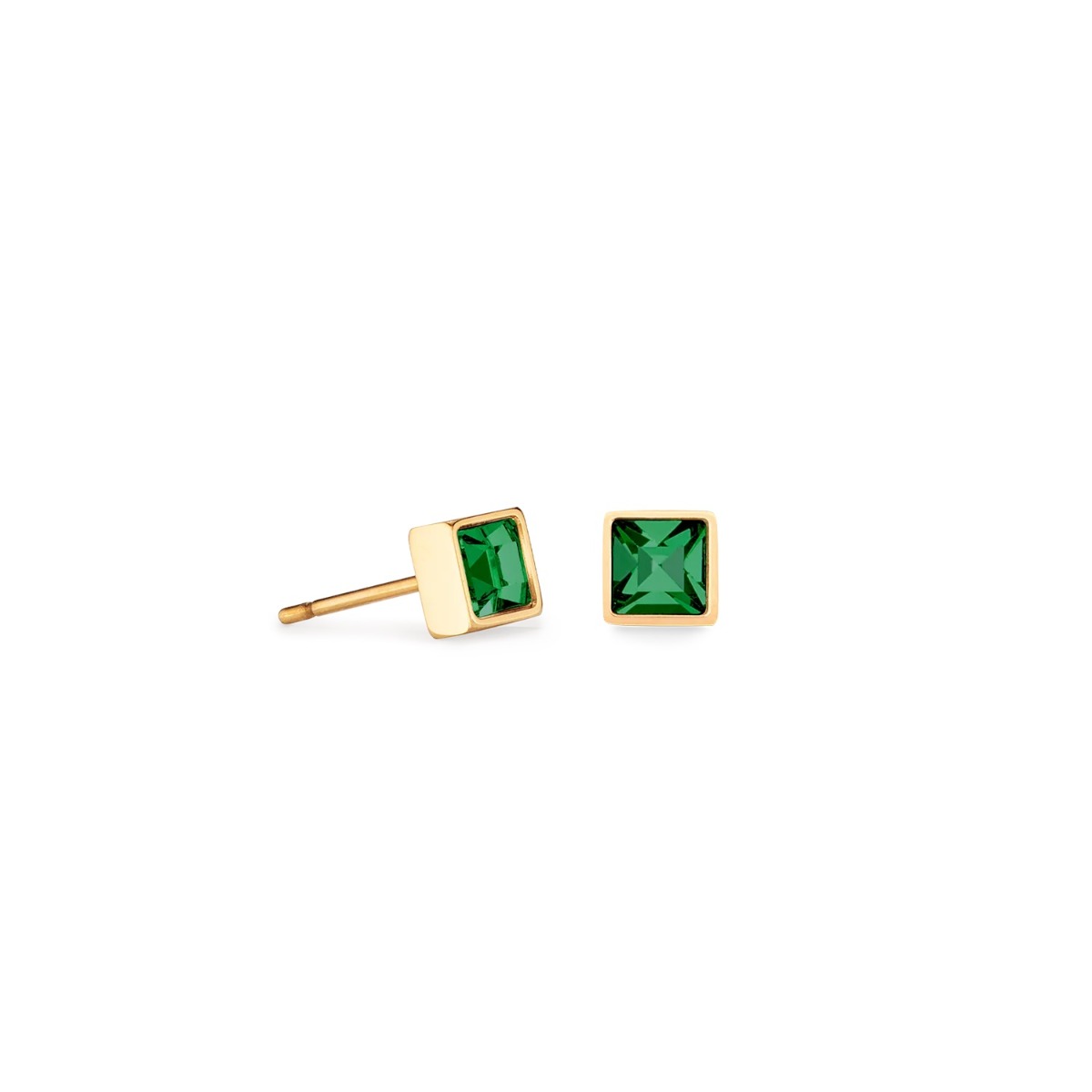 Coeur De Lion Square Stud Gold Earrings - Dark Green Crystal