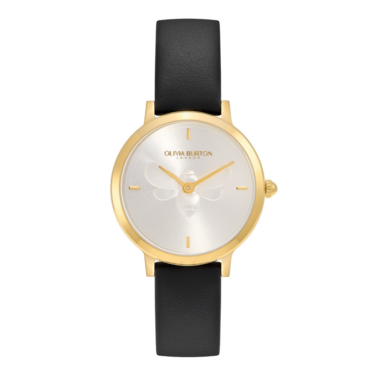 Olivia Burton Bee Ultra Slim Gold and Black Leather Strap Watch