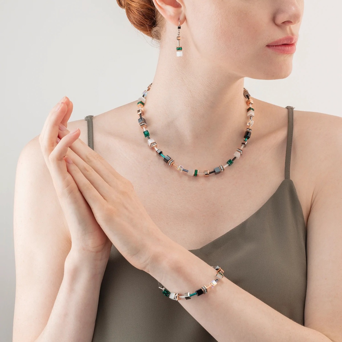 Coeur De Lion GeoCUBE Necklace - Iconic Rose Gold White and Dark Green