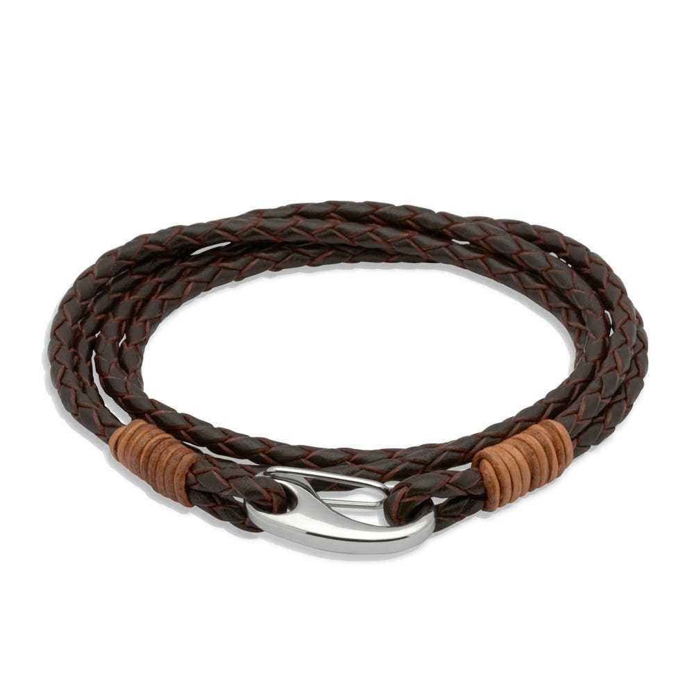 Unique & Co Brown Leather Multi-Strand Steel Clasp Bracelet B178LB