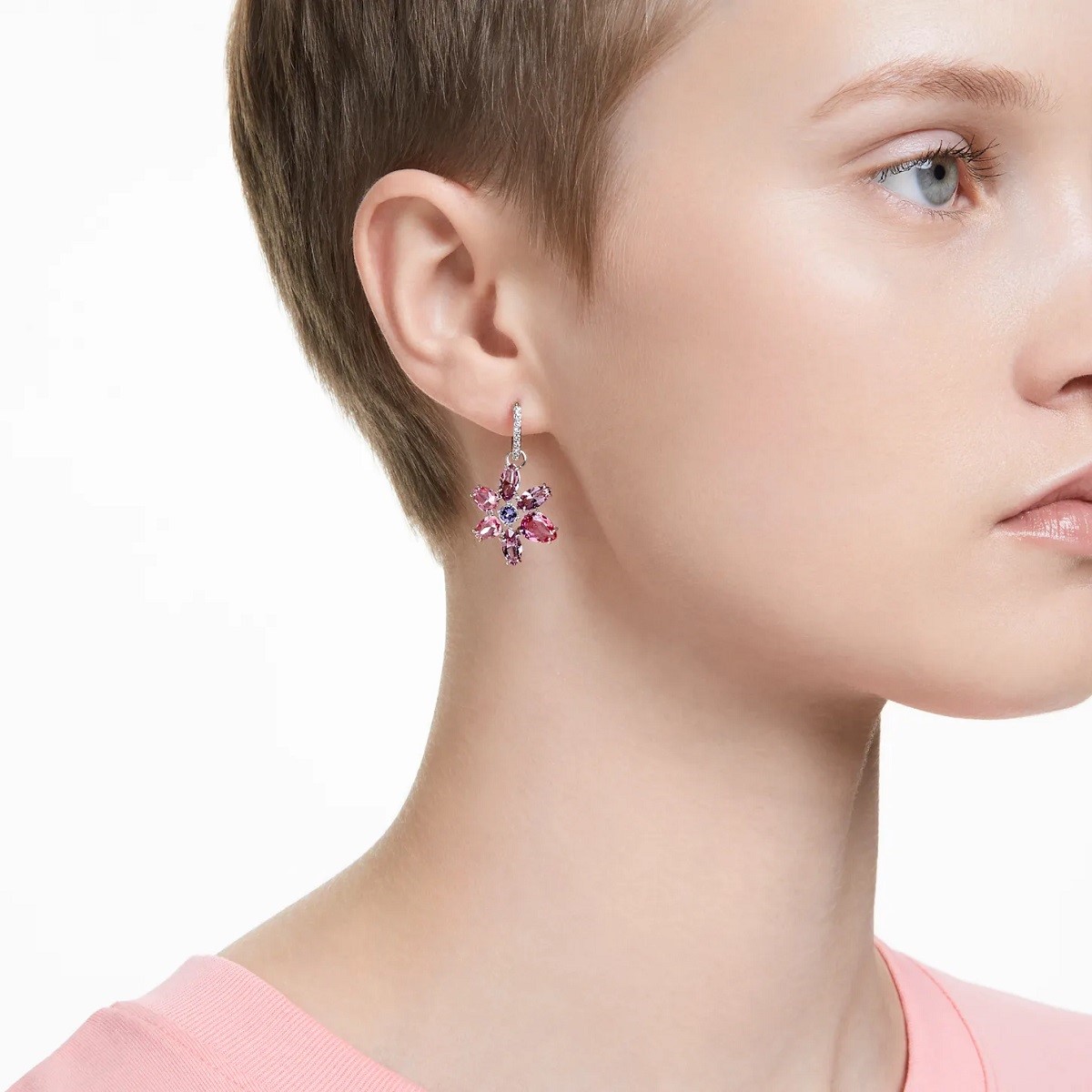 Swarovski Gema Flower Drop Earrings - Pink with Rhodium Plating 5658397
