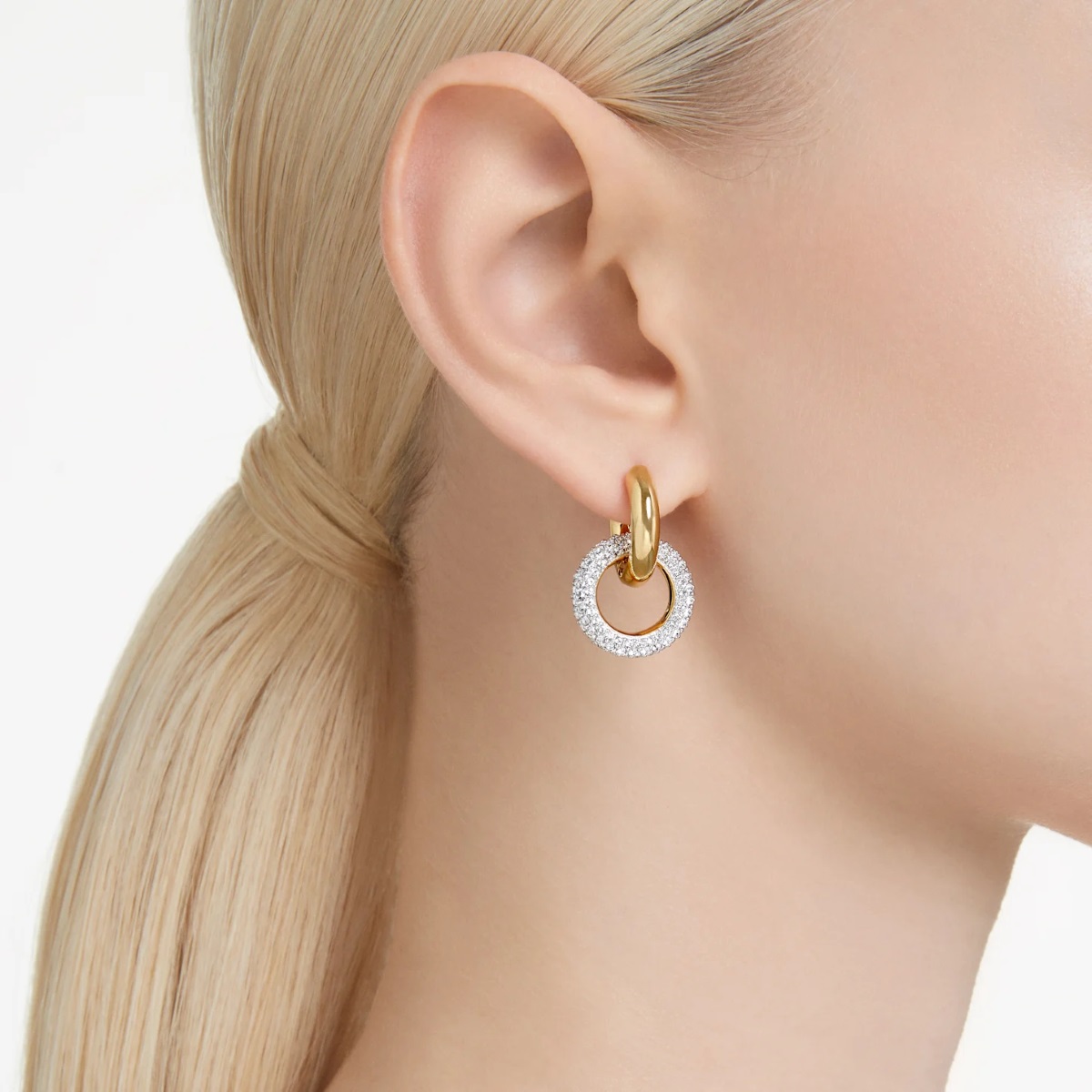Swarovski Dextera Hoop Earrings Interlocking Loop - White with Gold Tone Plating