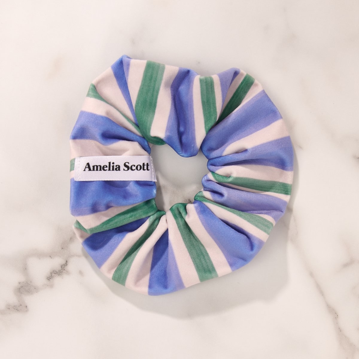 Amelia Scott Lucy Scrunchie - Velvet Candy Stripe Cornflower and Sage