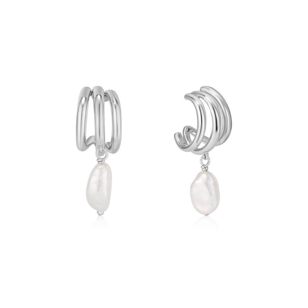 Ania Haie Silver Triple Mini Hoop Pearl Earrings E019-04H