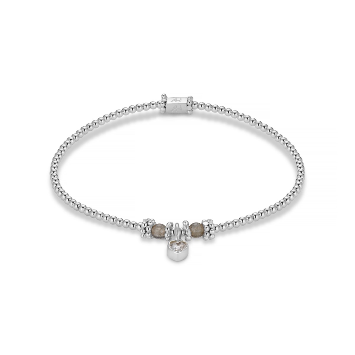 Annie Haak Labradorite Crystal Heart Silver Charm Bracelet. Item code B2577