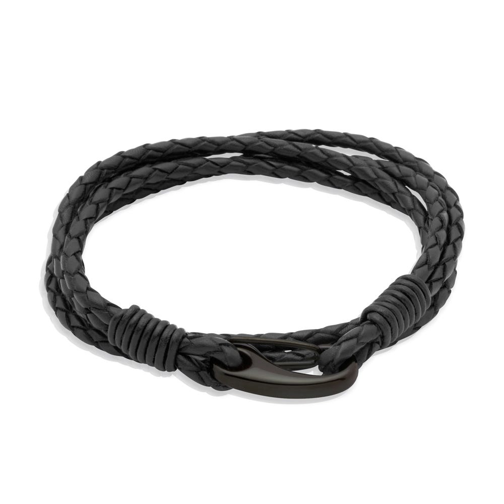 Unique & Co Men's Double Wrap Black Leather Bracelet with Black Shrimp Clasp