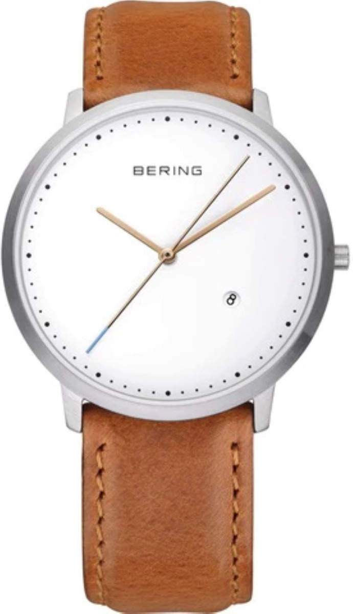 Bering Mens Classic Brushed Silver Brown Leather Strap Watch 11139-504
