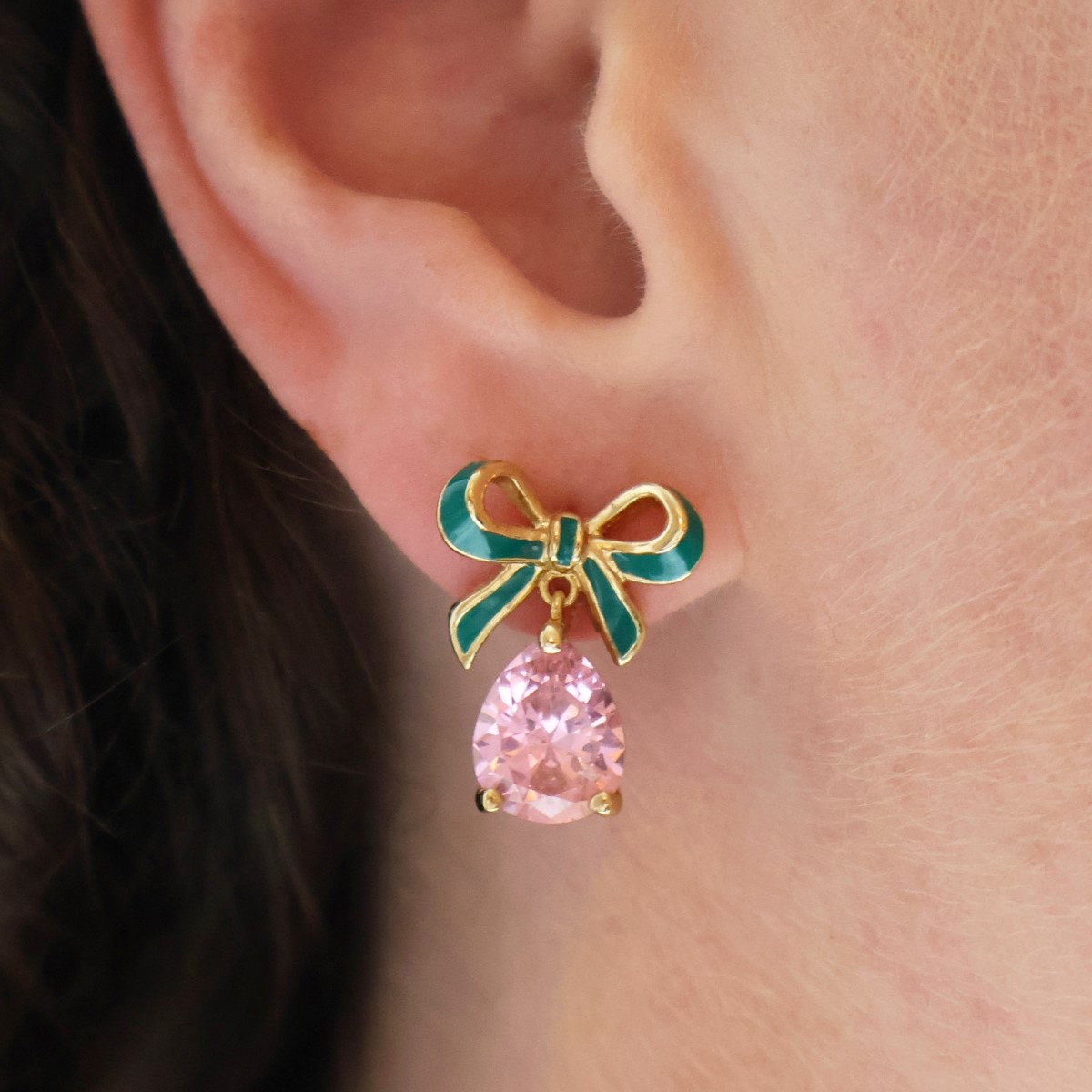 Amelia Scott Bow Gold Stud Earrings with Green Enamel and Pink Teardrop