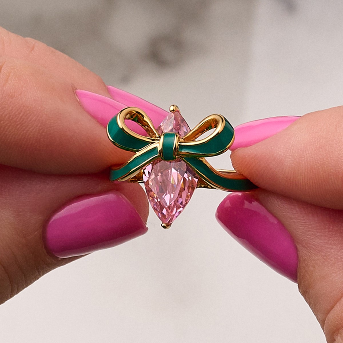 Amelia Scott Bow Gold Ring with Emerald Green Enamel and Blush Pink