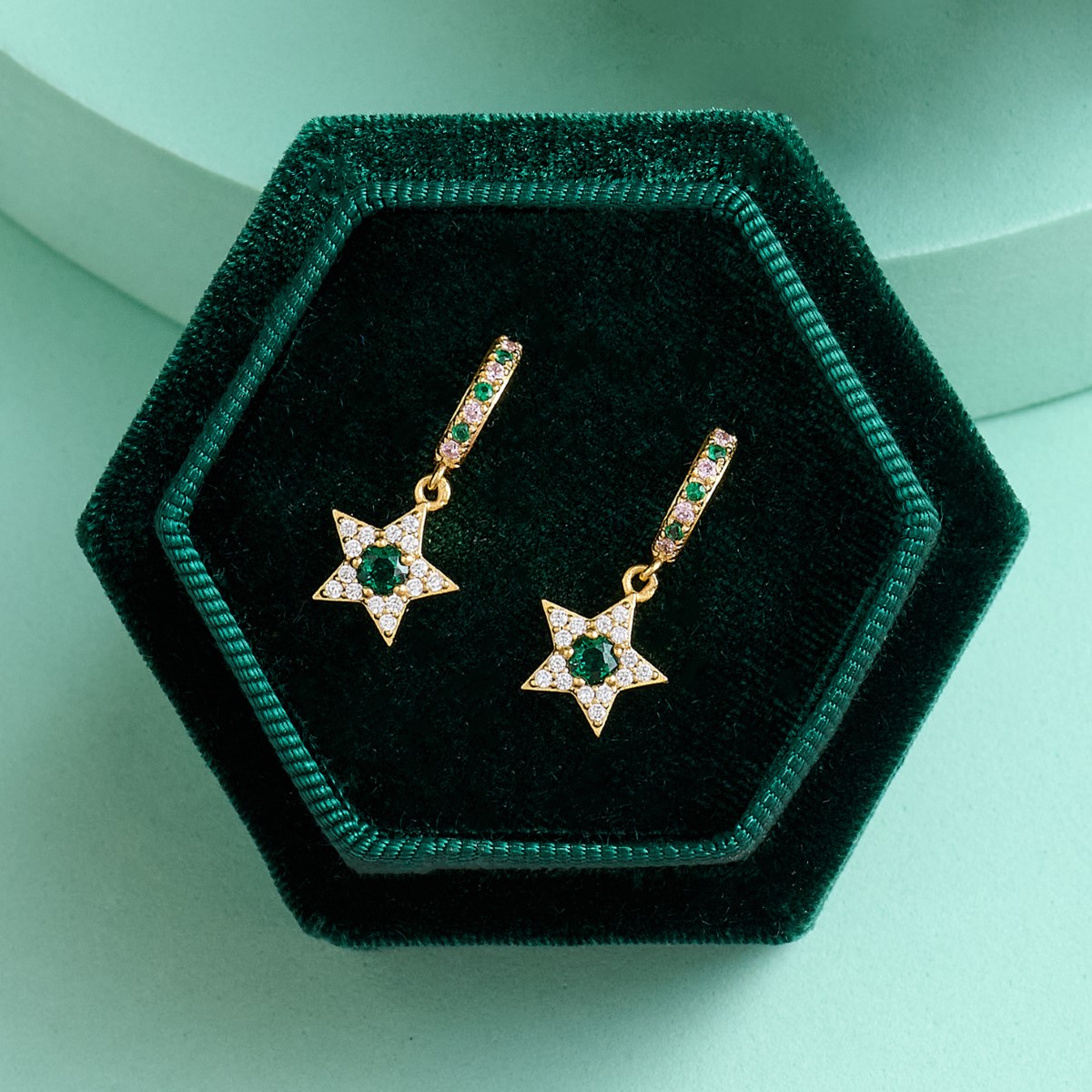 Amelia Scott Celeste Mini Star Gold Hoop Earrings in Blush Pink and Emerald Green AS22SGE25