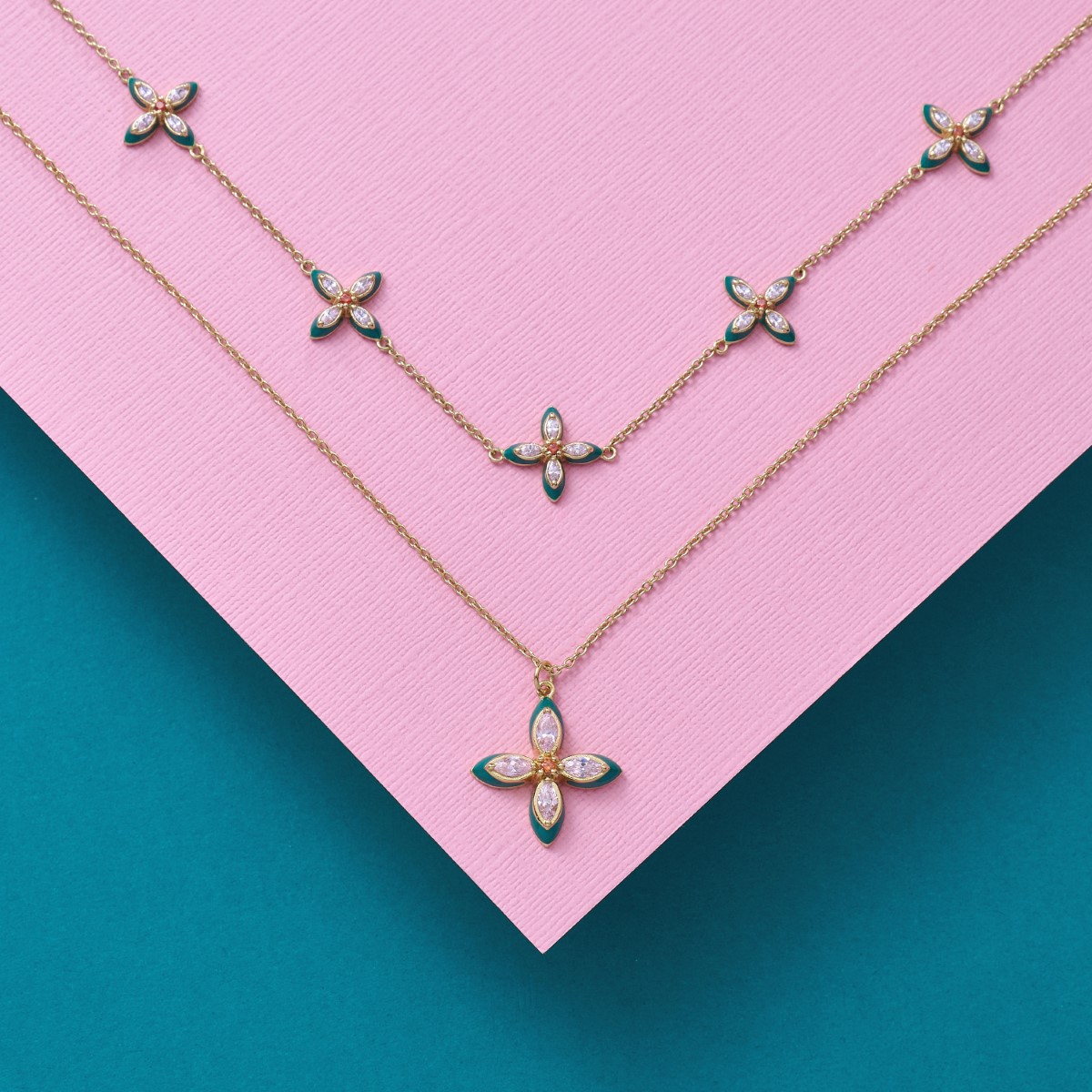 Amelia Scott Lucky Clover Gold Necklace with Green Enamel and Blush Pink AS22TRN12