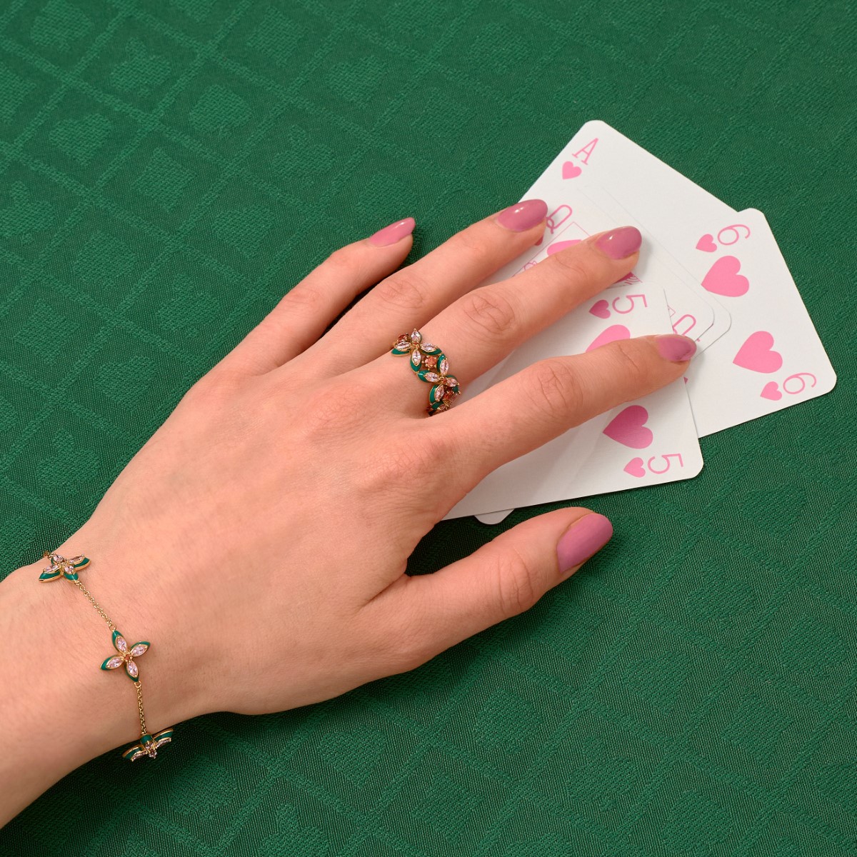 Amelia Scott Lucky Clover Gold Bracelet with Green Enamel Blush Pink AS22TRB20