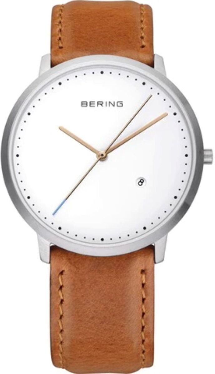 Buy Bering Mens Classic Brushed Silver Brown Leather Strap Watch