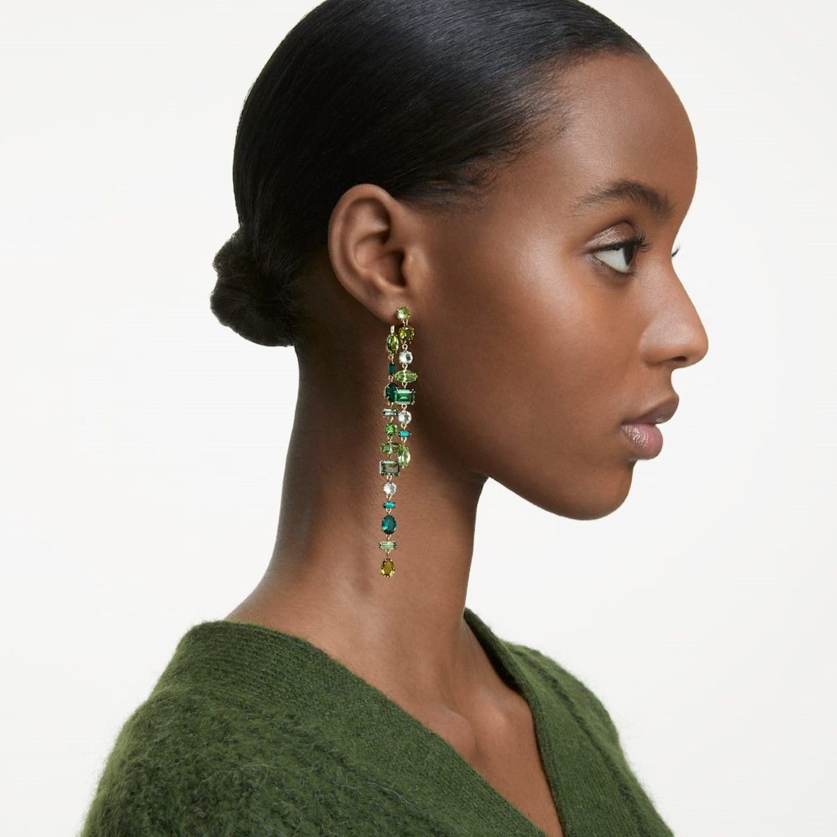 Buy Swarovski Gema Long Drop Earrings Green with Gold tone Plating Online