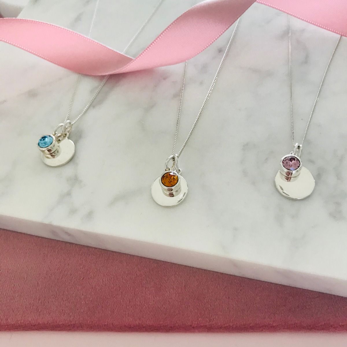 May Birthstone and Disc Necklace Sterling Silver and Emerald Crystal