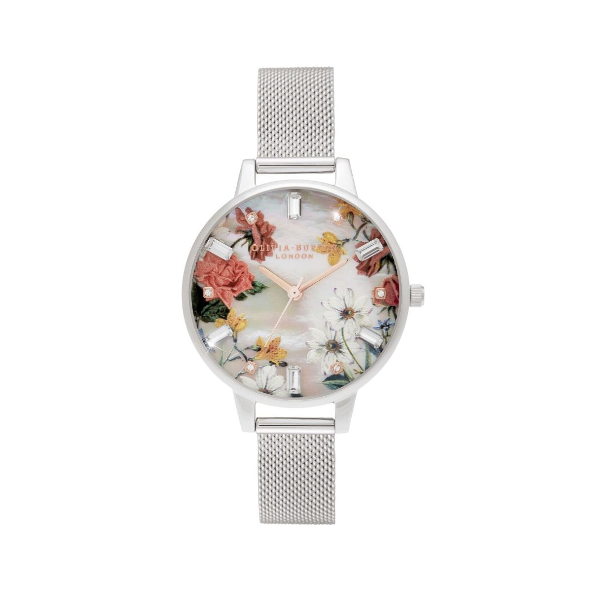 Buy Olivia Burton Sparkle Floral Mother of Pearl and Silver Mesh Watch Online