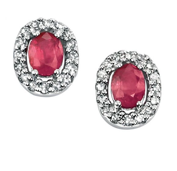 Elements Gold 9ct White Gold Oval Ruby Earrings with Pave Diamonds GE703R