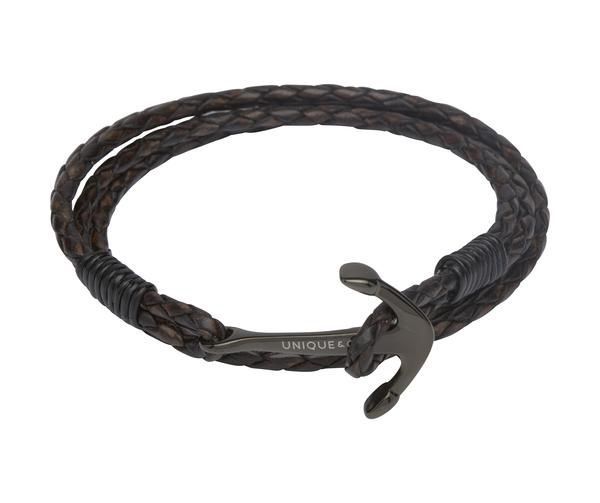 Unique and Co Men's Dark Brown Leather Bracelet with Anchor Clasp - 21cm
