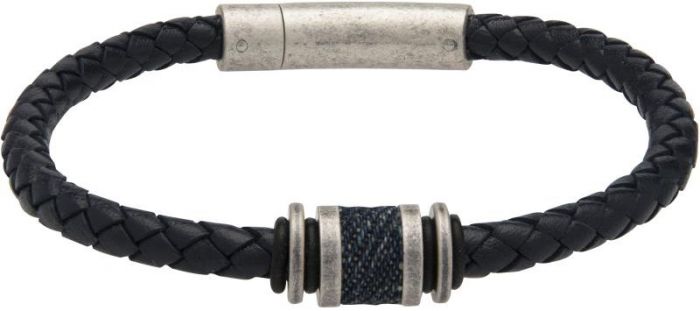 Unique and Co Mens Navy Leather braclet-Antique Silver Steel Clasp with Denim Inlay