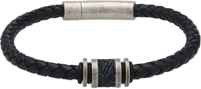 Unique and Co Mens Navy Leather braclet-Antique Silver Steel Clasp with Denim Inlay