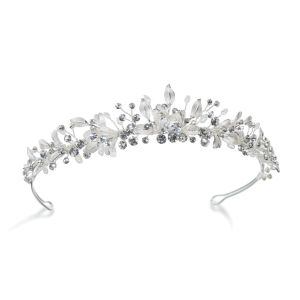 Ivory & Co Elva Silver Crystal and Pearl Leafy Enamelled Tiara