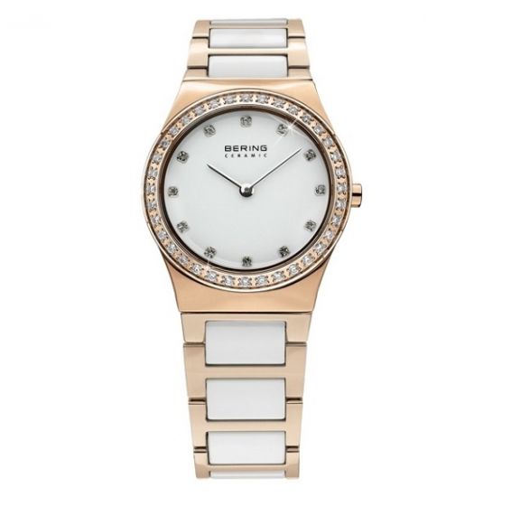 Bering Ladies Rose Gold Tone and White Ceramic Watch 32430-761