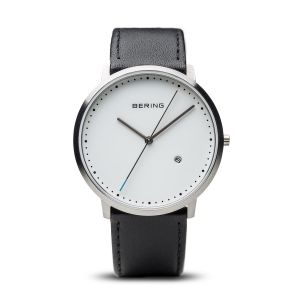 Bering Unisex Classic Brushed Silver Black Leather Strap Watch 11139-404