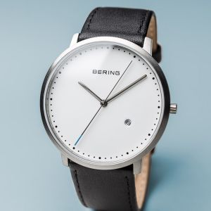 Bering Unisex Classic Brushed Silver Black Leather Strap Watch 11139-404