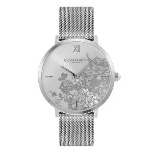 Olivia Burton Signature 35mm Floral Blooms Ultra Slim Silver Mesh Watch - 24000115