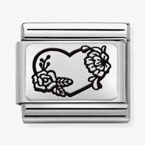 Nomination Classic Flowers Charm - Sterling Silver and Black Enamel Heart